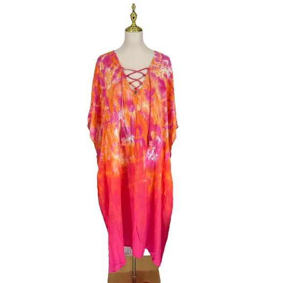 Tommy Bahama Tidal Tie Dye V-Neck Long Caftan L XL Pink Cover Up Tassel Beach - Picture 2 of 14